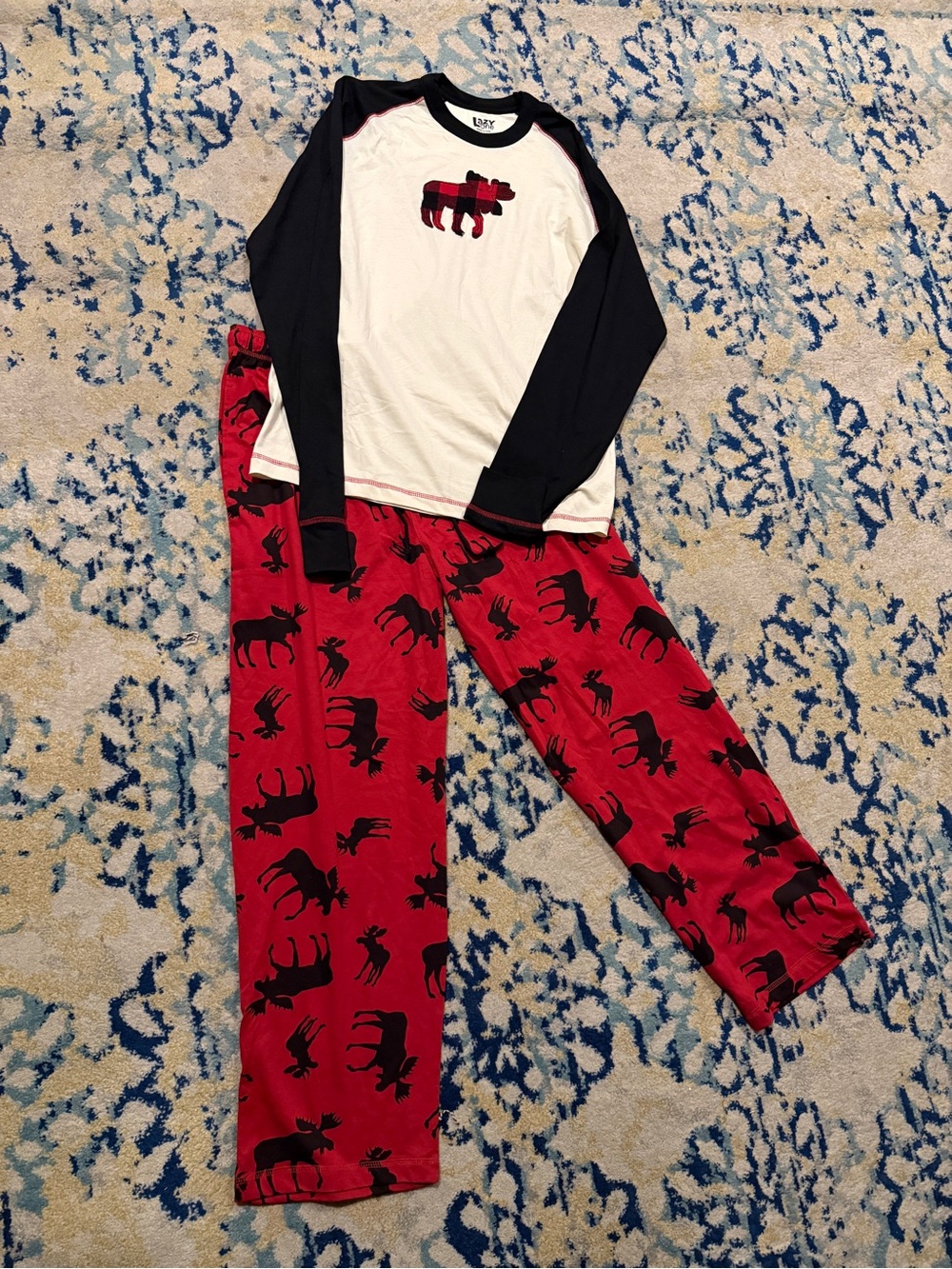 Lazy One White & Red Moose Plaid Raglan Men’s Pajama Set size Small